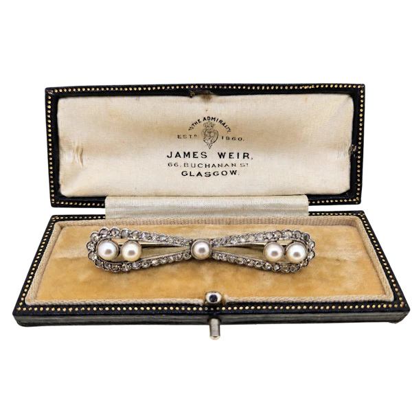 Rose cut diamond & pearl bar brooch - image 1