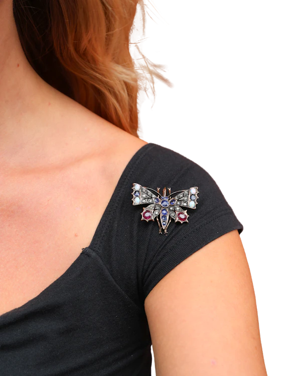 Lovely Victorian Diamond and Precious Stones Butterfly Brooch at Deco&Vintage Ltd - image 1