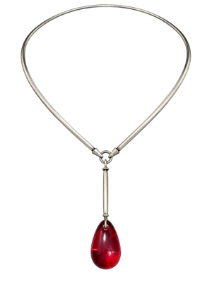 Vivianna Torun Bülow-Hübe, circa 1960s. French  Rare sculptural silver neck ring with a long articulated drop suspending a striking red glass pendant. Mark Constable Unit 301