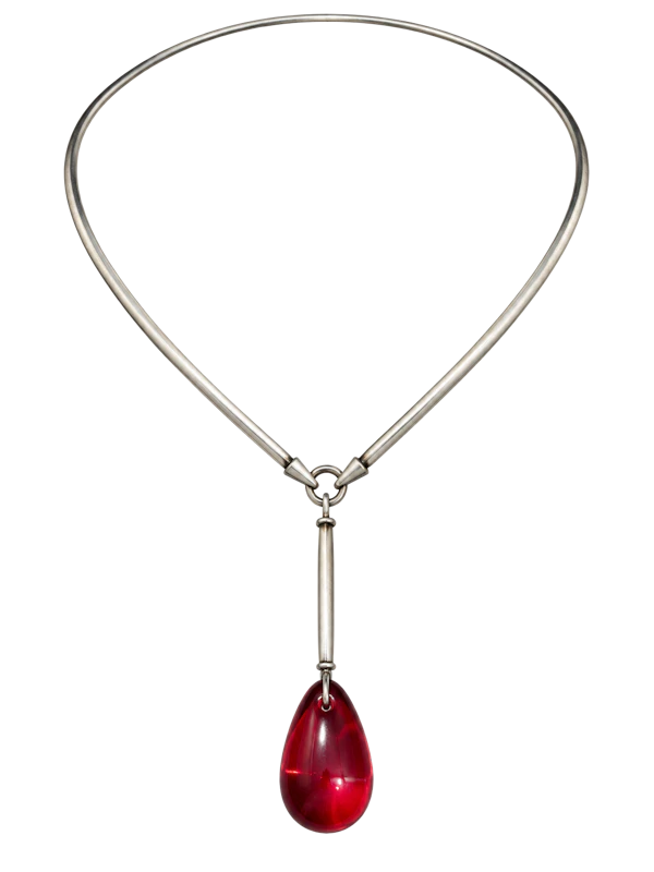 Vivianna Torun Bülow-Hübe, circa 1960s. French  Rare sculptural silver neck ring with a long articulated drop suspending a striking red glass pendant. Mark Constable Unit 301 - image 1