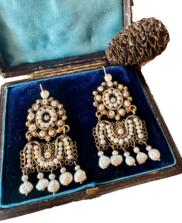 Italian Natural Pearl and High-Carat Gold Pendant Earrings - image 1