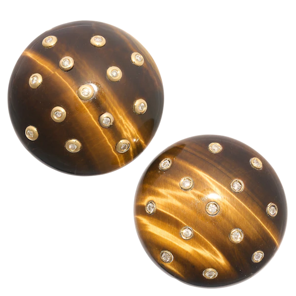 Vintage Tiger's Eye & Diamond 18ct Gold Earrings, c.1970s - image 1