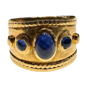Vintage Etruscan Revival Natural Sapphire Ring in 18k Yellow Gold, Hallmarked 1970