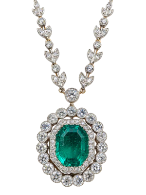AN ART DECO COLOMBIAN EMERALD AND DIAMOND PENDANT NECKLACE
