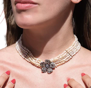 Victorian Natural Pearl Five-Strand Necklace with 4.5ct Old-Cut Diamond Flower Clasp