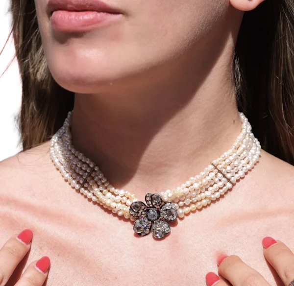 Victorian Natural Pearl Five-Strand Necklace with 4.5ct Old-Cut Diamond Flower Clasp - image 1