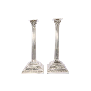 A Pair of George III Sterling Silver Corinthian-Column Candlesticks, London, 1763