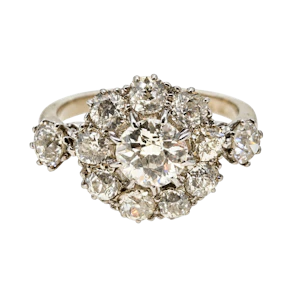 Antique old cut diamond cluster ring, 18 carat white gold