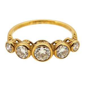 Old cut diamond 5 stone ring, 18 carat yellow gold
