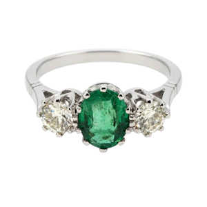 Oval emerald & diamond 3 stone ring, platinum