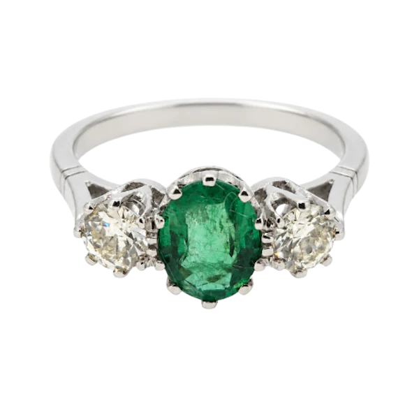 Oval emerald & diamond 3 stone ring, platinum - image 1