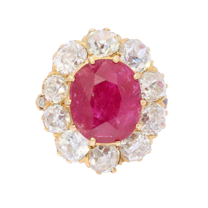 French Antique Burmese Ruby, Diamond and 18ct Yellow Gold Cluster Ring, 7.00 Carats, Circa 1890