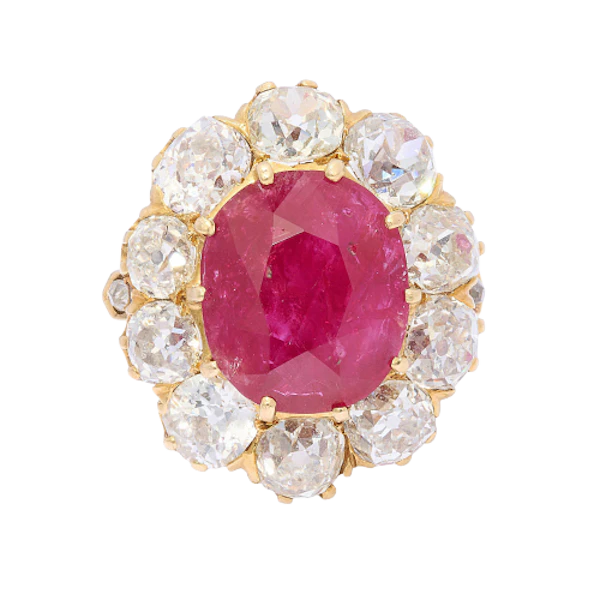 French Antique Burmese Ruby, Diamond and 18ct Yellow Gold Cluster Ring, 7.00 Carats, Circa 1890 - image 1