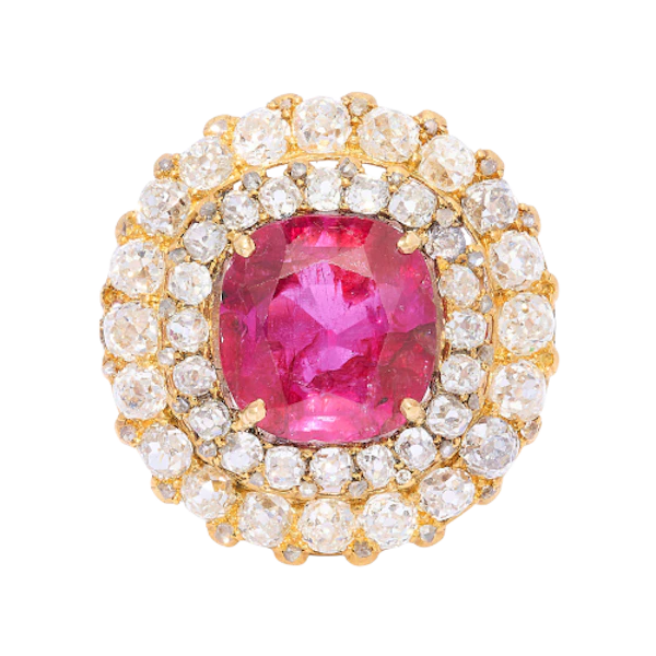 Antique Ruby, Diamond and 18ct Yellow Gold Double Row Target Cluster Ring, Circa 1850 - image 1