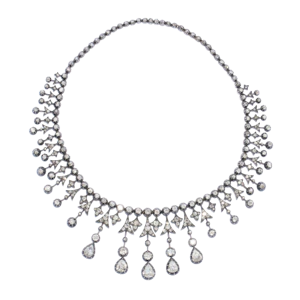 Antique French Silver-Upon-Gold Pear Cut and Old Cut Diamond Fringe Drop Tiara Necklace, Circa 1860