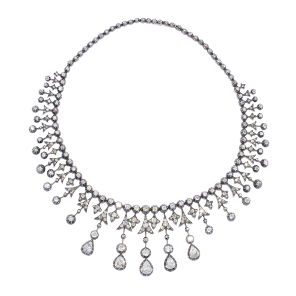 Antique French Silver-Upon-Gold Pear Cut and Old Cut Diamond Fringe Drop Tiara Necklace, Circa 1860 - image 1