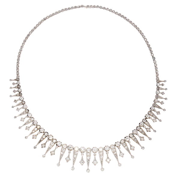 Antique French Old Cut Diamond and Silver-Upon-Gold Fringe Necklace, Circa 1880 - image 1