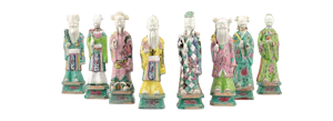 Eight Chinese famille rose Daoist immortals, Qing dynasty, c. 1780 each figure holding its attribute, 24cm high