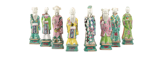 Eight Chinese famille rose Daoist immortals, Qing dynasty, c. 1780 each figure holding its attribute, 24cm high - image 1
